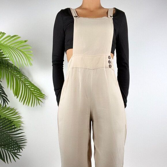 Women's Vintage Cream Cottagecore Peasant Overalls Boho Prairie Overalls / M - Picture 3 of 7
